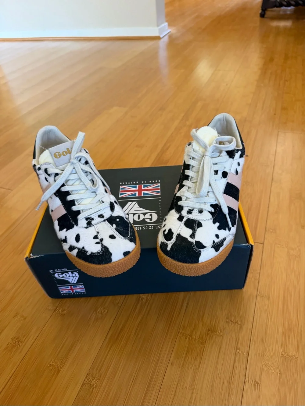 Gola Cow Print Trainer with Pink Stripes